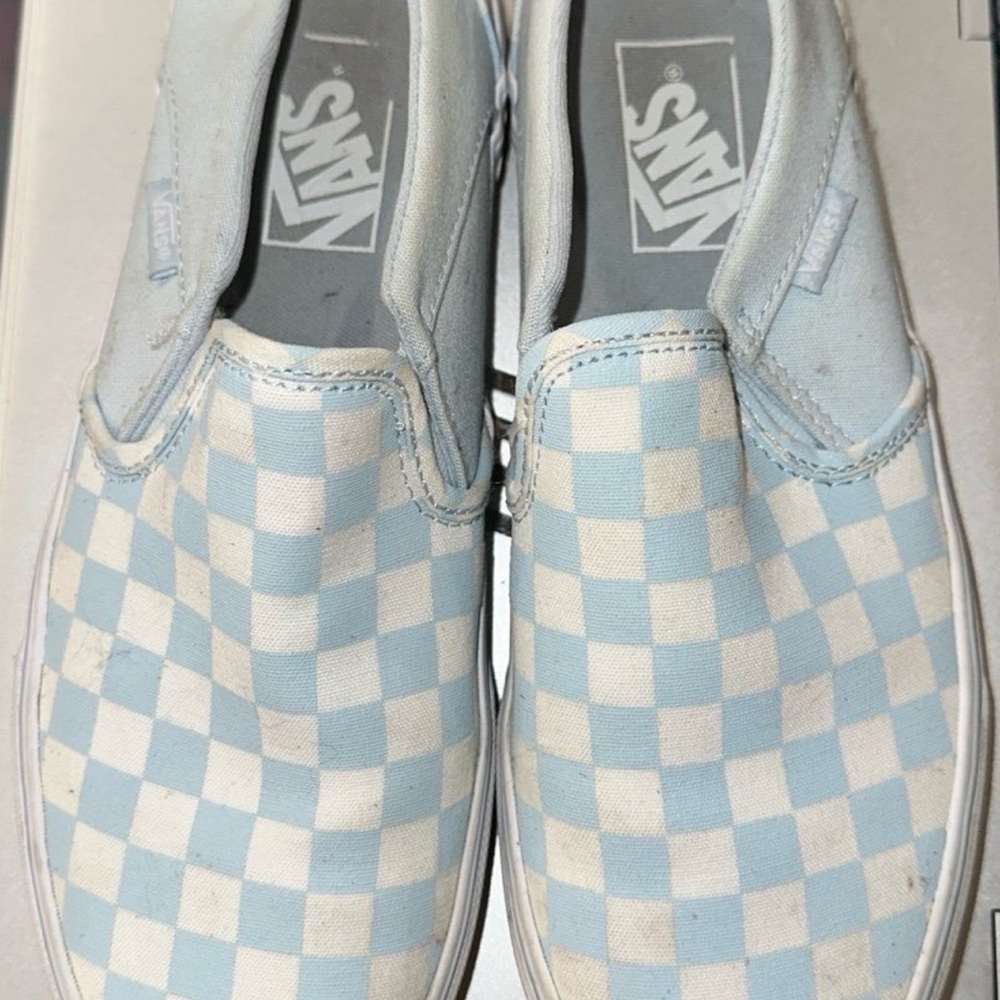 Vans light blue checkered slip on shoes size 8.5